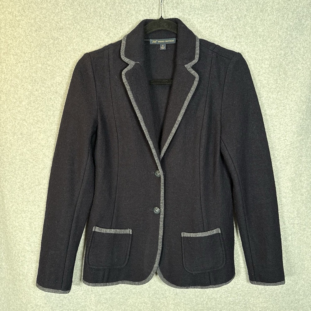 Brooks Brothers 346 Blazer Womens Small Navy Blue Wool Elbow Patch Jacket - Picture 1 of 12